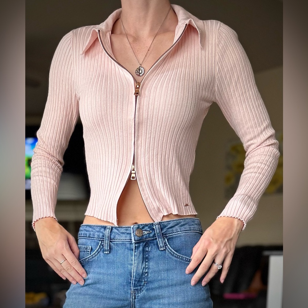 Guess Y2K Double Zipper Ribbed Pink Cardigan Top XS